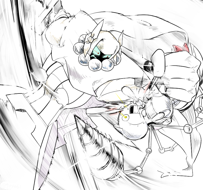 aqua_sclera, cat, drill, karakuribenkei, motion_blur, multiple_tails, naginata, open_mouth