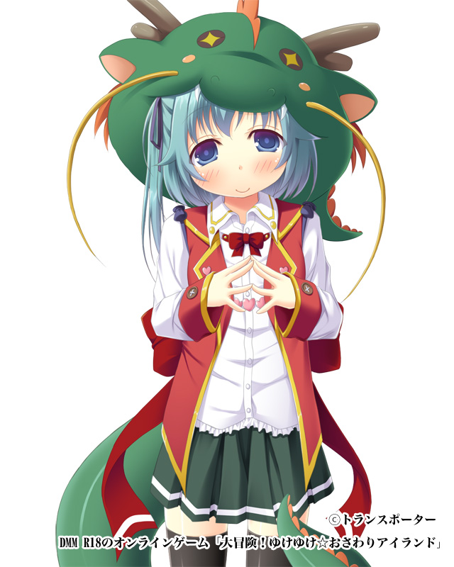 1girl, blue_eyes, blue_hair, blush, daibouken!_yukeyuke_osawari_island, dragon_hat, kago_no_tori, looking_at_viewer