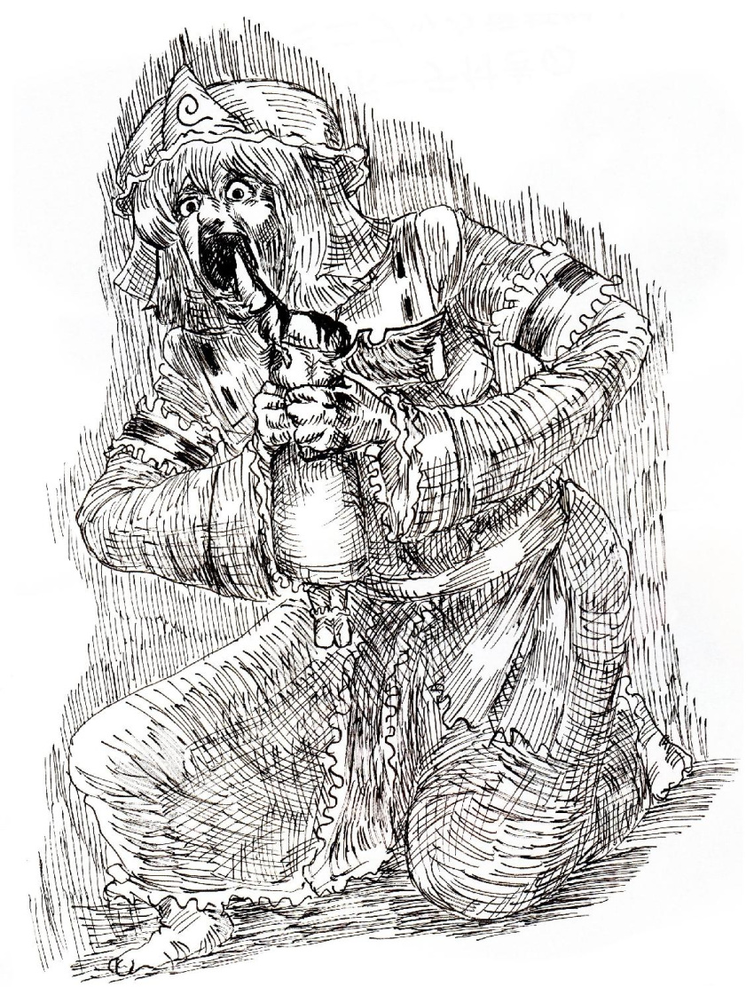 hat, highres, monochrome, mystia_lorelei, parody, saigyouji_yuyuko, saturn_devouring_his_son, surumelock