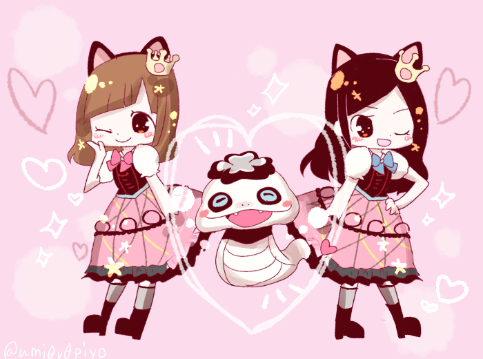 2girls, animal_ears, black_hair, blush, brown_hair, cat_ears, crown, fake_animal_ears, fangs, hairband, heart, long_hair, multiple_girls, one_eye_closed, open_mouth, pink_background, skirt, smile, snake, sparkle, tsuchinokopanda, twitter_username, umi_(srtm07), youkai, youkai_watch