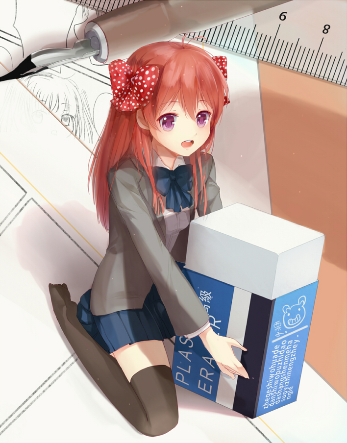 1girl, black_legwear, bow, eraser, fengchuilizili, gekkan_shoujo_nozaki-kun, hair_bow, minigirl
