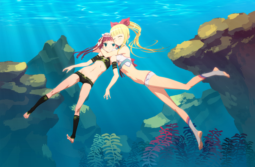2girls, absurdres, bare_shoulders, barefoot, blonde_hair, bow, breast_press, breasts, feet, flat_chest, hair_bow, highres, hug, large_breasts, legs, long_hair, midiman, multiple_girls, pink_hair, ponytail, revision, toeless_socks, umi_monogatari, underwater, urin_(umi_monogatari)