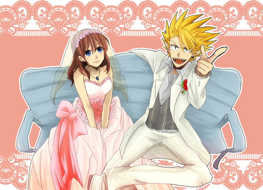 1boy, 1girl, anezaki_mamori, bare_shoulders, blonde_hair, blue_eyes, bridal_veil, brown_hair