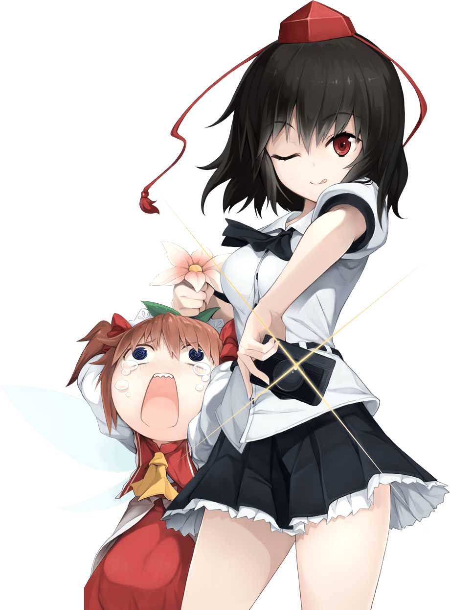 2girls, aqua-lia, ascot, black_hair, blue_eyes, blush, bow, brown_hair