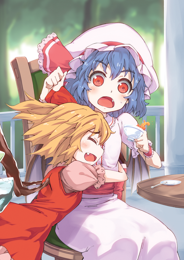 2girls, balcony, bat_wings, blonde_hair, blue_hair, blurry, blush, chair, closed_eyes, cup, depth_of_field, fang, flandre_scarlet, hat, hat_ribbon, hug, kntc, mob_cap, multiple_girls, no_hat, open_mouth, pillar, red_eyes, remilia_scarlet, ribbon, saucer, short_hair, short_sleeves, siblings, side_ponytail, sisters, sitting, skirt, skirt_set, surprised, table, teacup, teaspoon, touhou, tree, wings, wrist_cuffs