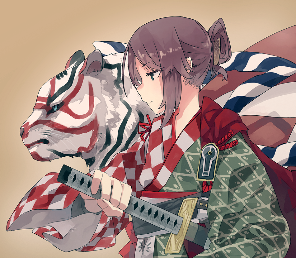 1girl, brown_hair, cape, folded_ponytail, green_eyes, hitomai, holding_sword, japanese_clothes