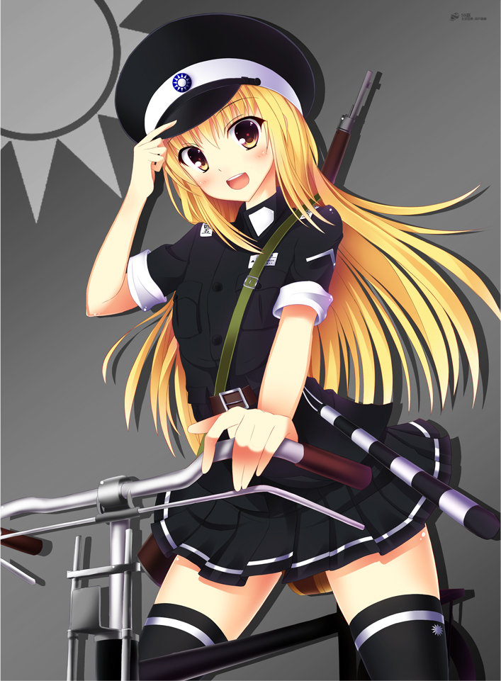 1girl, bicycle, blonde_hair, blush, brown_eyes, china, kukan, long_hair