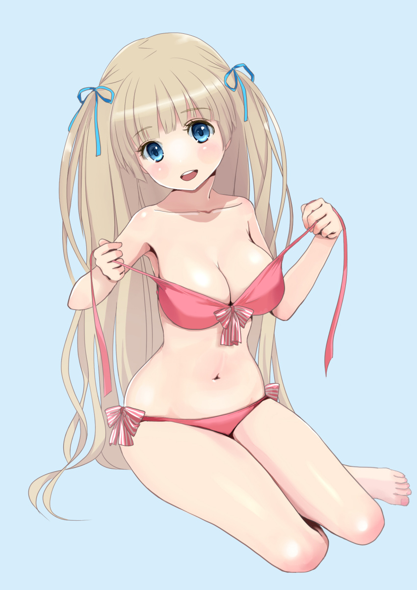 1girl, :d, barefoot, bikini, blonde_hair, blue_background, blue_eyes, breasts