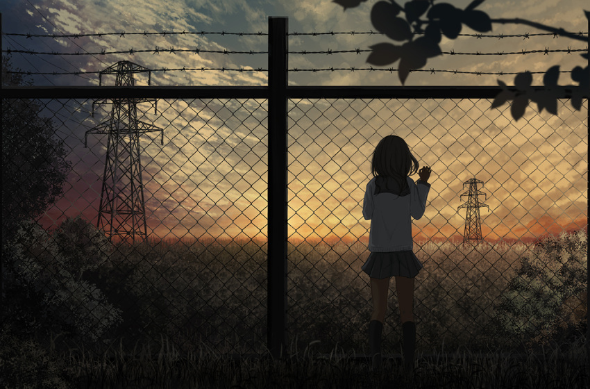 1girl, aya_(star), barbed_wire, chain-link_fence, clouds, original, power_lines, revision