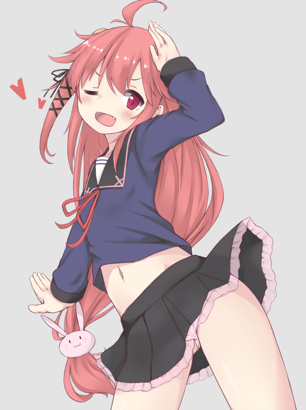 :3, ahoge, blush, fang, heart, kantai_collection, long_hair, midriff, mrisk, navel, open_mouth, panties, pink_eyes, pink_hair, rabbit_head, skirt, striped, striped_panties, underwear, uzuki_(kantai_collection)