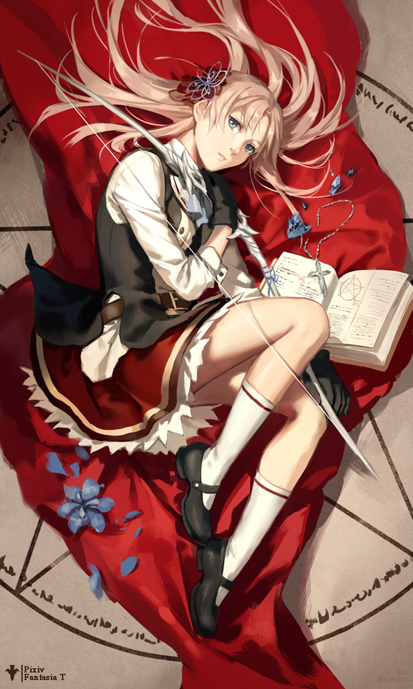 1girl, belt, black_gloves, blonde_hair, book, bow_(weapon), cross, fancybetty
