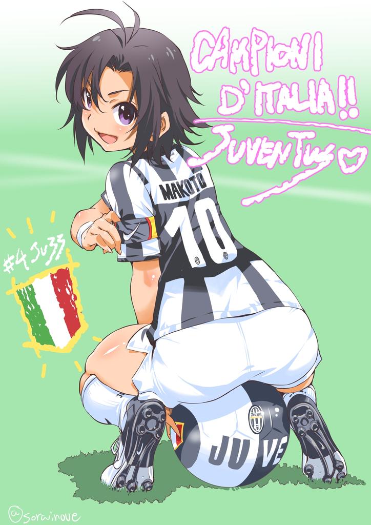 1girl, armband, ass, ball, cleats, idolmaster, inoue_sora, juventus_fc, kikuchi_makoto, open_mouth, sitting, smile, soccer_ball, soccer_uniform, sportswear