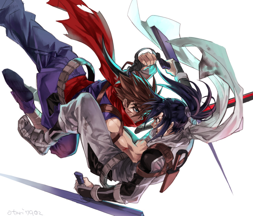 2boys, black_hair, brown_hair, indesign, multiple_boys, ninja, ponytail, scarf