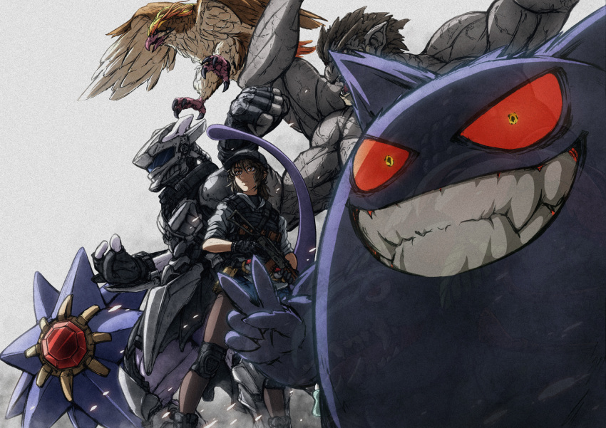 1girl, armor, assault_rifle, black_legwear, fangs, fingerless_gloves, gengar, gloves