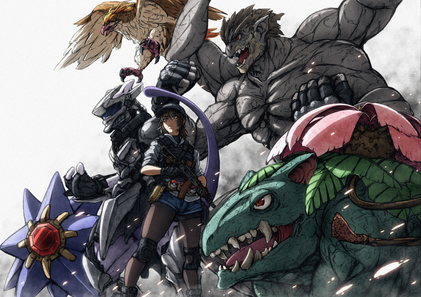 1girl, aks-74u, armor, assault_rifle, black_legwear, fangs, fingerless_gloves, gloves, gun, hat, imizu_(nitro_unknown), knee_pads, machamp, matori_yoshika_(character), mewtwo, multiple_arms, pantyhose, pidgeot, poke_ball, pokemon, ponytail, real_life_insert, red_eyes, rifle, shirt, shorts, starmie, venusaur, weapon