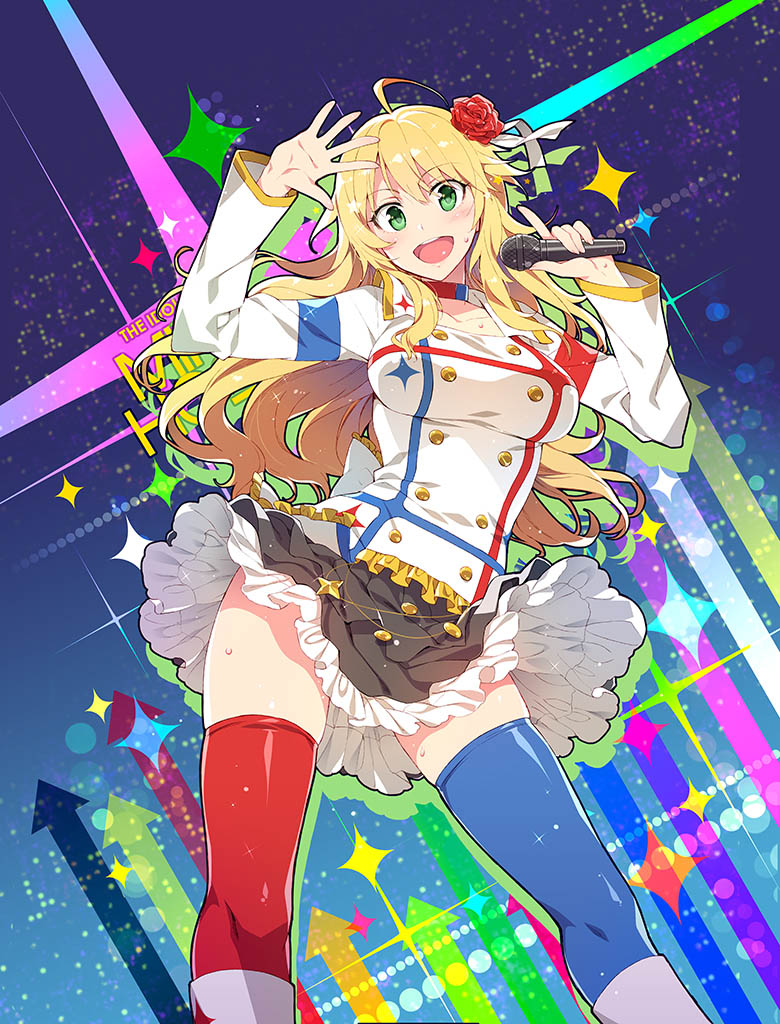1girl, ahoge, asymmetrical_legwear, blonde_hair, blush, boots, flower, green_eyes
