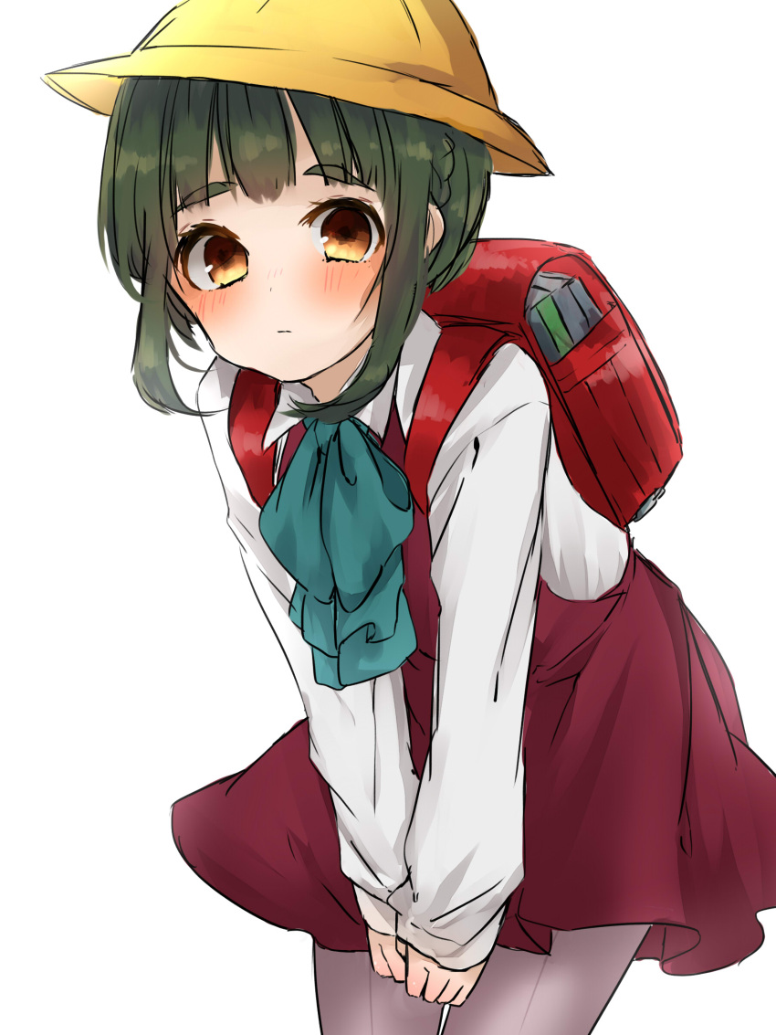 1girl, absurdres, backpack, bag, bangs, blunt_bangs, blush, bob_cut, bowtie, braid, brown_eyes, collared_shirt, cowboy_shot, furumachi_kyuu, green_hair, grey_legwear, hat, highres, kantai_collection, looking_at_viewer, pantyhose, pleated_skirt, purple_skirt, randoseru, school_hat, school_uniform, shirt, short_hair, simple_background, skirt, solo, takanami_(kantai_collection), v_arms, white_background, white_shirt