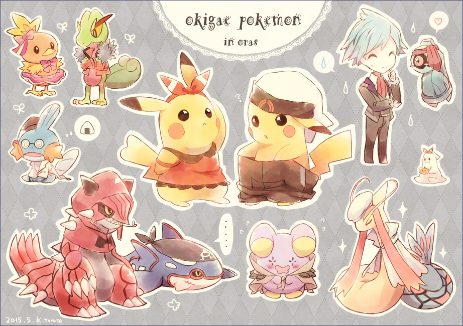 ..., 1boy, beldum, clothed_pokemon, copyright_name, cosplay_pikachu, groudon, haruka_(pokemon)