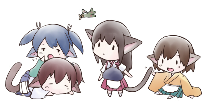 4girls, :d, akagi_(kantai_collection), animal_ears, blue_hair, blue_skirt, brown_hair, cat_ears