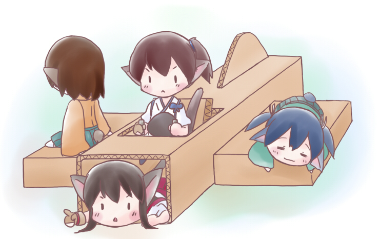 4girls, =_=, akagi_(kantai_collection), animal_ears, brown_hair, gloves, green_skirt, hair_ribbon