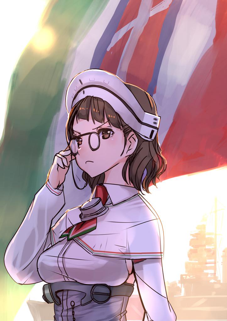1girl, adjusting_glasses, akasaai, battleship, brown_eyes, brown_hair, capelet, flag, glasses, italian_flag, italy, kantai_collection, long_sleeves, maid_headdress, rm_roma_(battleship), roma_(kantai_collection), ship, solo, warship