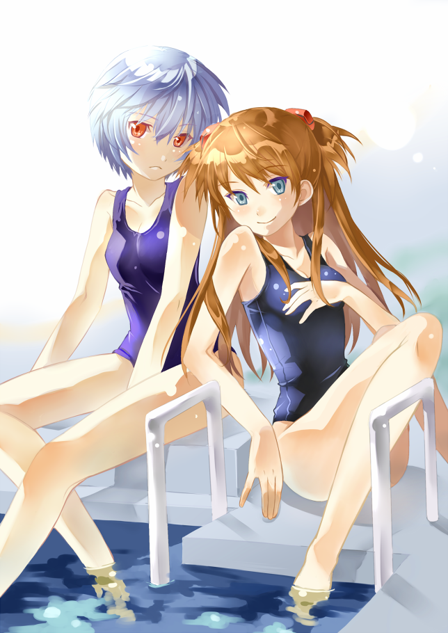 ayanami_rei, bad_id, barefoot, blue_eyes, blue_hair, blush, feet_in_water, hands