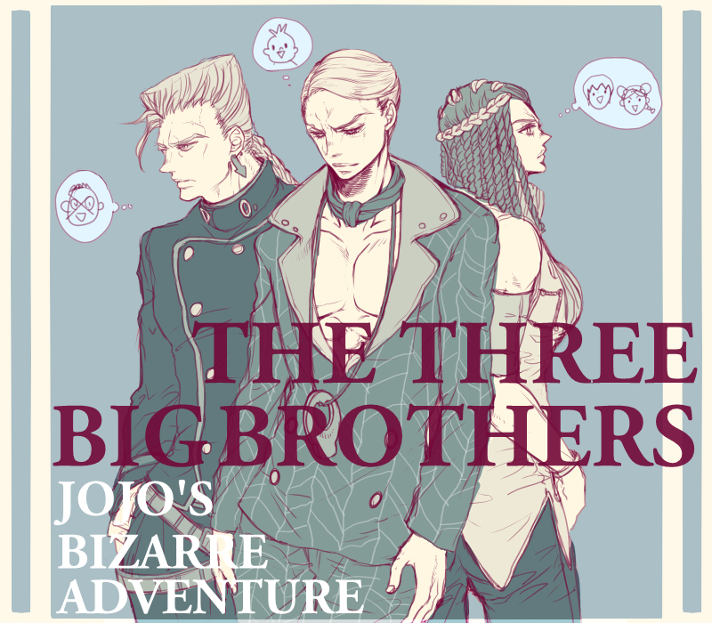 1girl, 2boys, border, bracelet, copyright_name, earrings, flattop, foo_fighters, gakuran, hairlocs, hermes_costello, jewelry, jojo_no_kimyou_na_bouken, koto_(artr), kuujou_jolyne, looking_away, looking_down, looking_to_the_side, multiple_boys, muted_color, necklace, nijimura_keichou, nijimura_okuyasu, pesci, prosciutto, school_uniform, thought_bubble