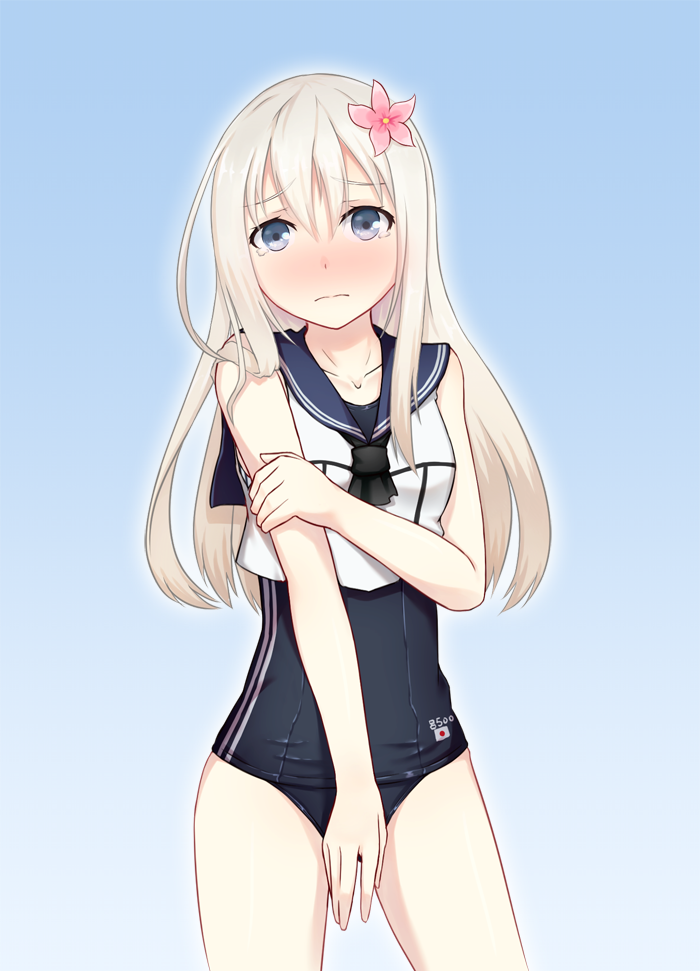 1girl, bare_back, bare_shoulders, blue_eyes, blush, cosplay, covering, covering_crotch