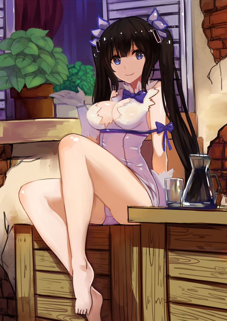 1girl, arm_ribbon, black_hair, blue_eyes, blue_ribbon, blush, breasts, cleavage, cleavage_cutout, dress, dungeon_ni_deai_wo_motomeru_no_wa_machigatteiru_darou_ka, gloves, hair_ornament, hair_ribbon, hestia_(danmachi), large_breasts, long_hair, looking_at_viewer, rei_no_himo, revision, ribbon, ryuuno6, smile, solo, twintails, white_dress, white_gloves