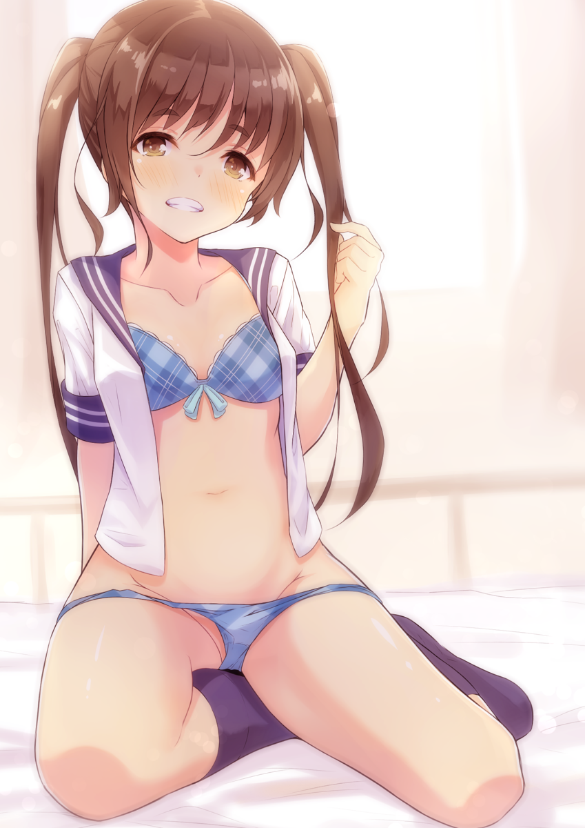 1girl, black_legwear, blush, bokokichi_(you), bra, brown_eyes, brown_hair, collarbone