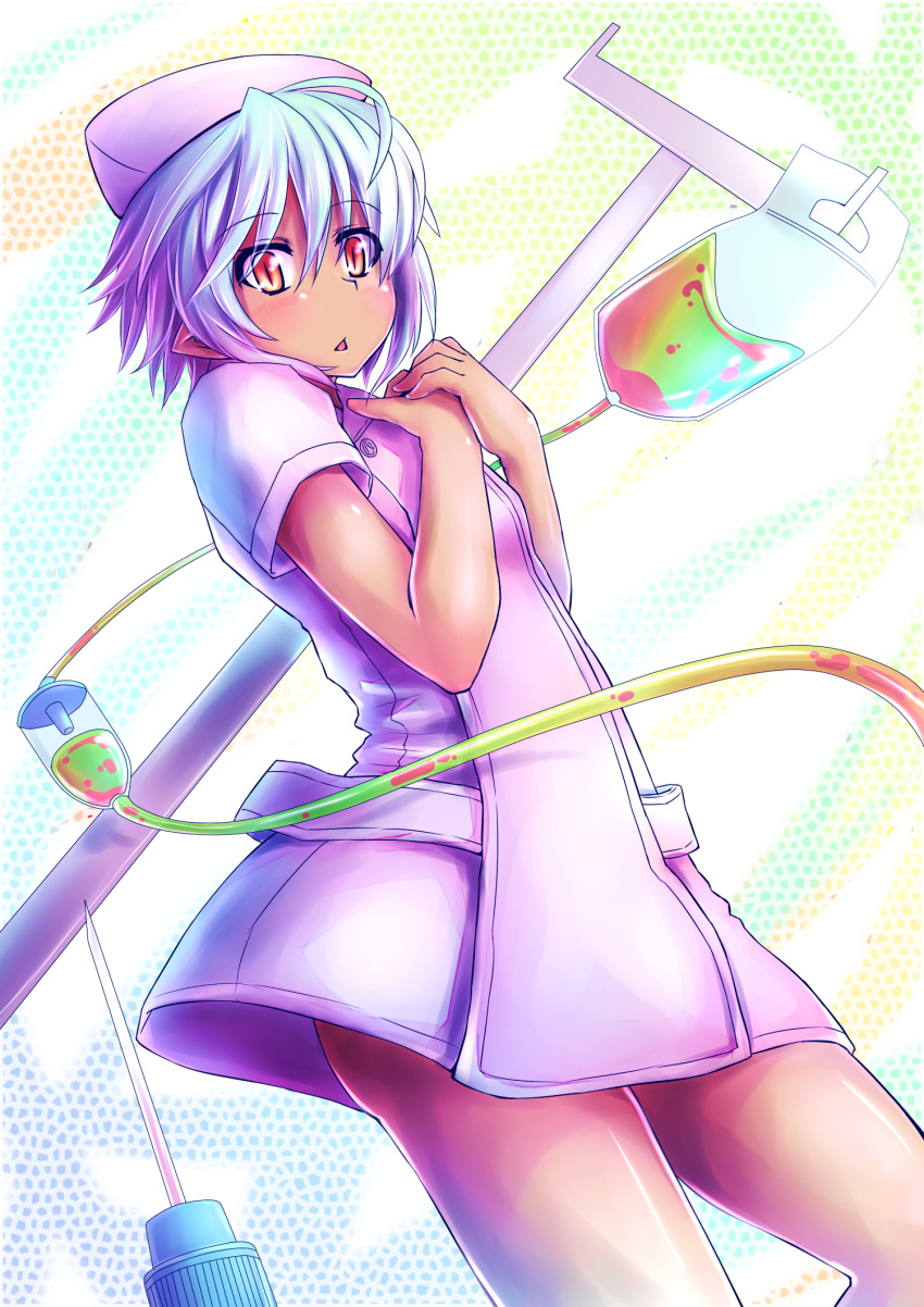 1girl, :o, blue_hair, dark_skin, hands_on_own_chest, hat, highres, intravenous_drip