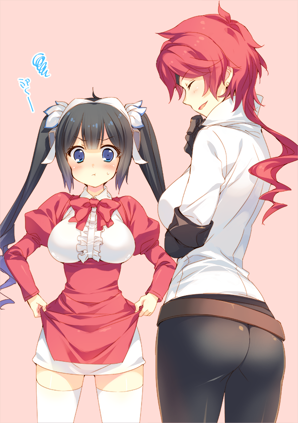 2girls, :t, ass, belt, black_gloves, blue_eyes, blush, bow, closed_eyes, collared_shirt, dress, dungeon_ni_deai_wo_motomeru_no_wa_machigatteiru_darou_ka, eyepatch, gloves, hair_ornament, hephaestus_(danmachi), hestia_(danmachi), long_hair, long_sleeves, mizuno_hayasakura, multiple_girls, open_mouth, pout, red_bow, redhead, shirt, smile, sweatdrop, thigh-highs, twintails, white_legwear, zettai_ryouiki