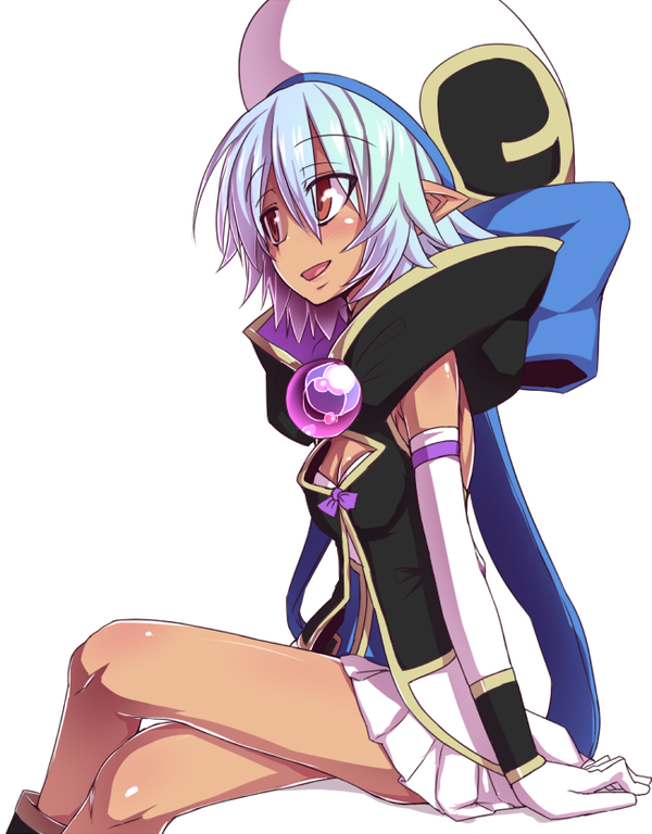 1girl, blue_hair, cleavage_cutout, crossed_legs, dark_skin, from_side, gloves, hat
