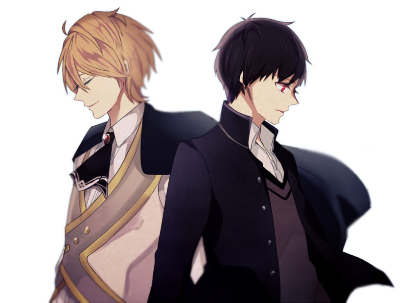 2boys, berserker_(fate/prototype_fragments), black_hair, blonde_hair, fate/prototype:_fragments_of_blue_and_silver, kitano_tatsumi, multiple_boys, red_eyes