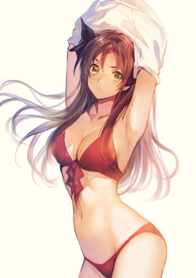 1girl, armpits, arms_up, bikini, blush, breasts, brown_hair, cleavage, fate/stay_night, fate_(series), front-tie_top, furikawa_arika, green_eyes, hair_ribbon, long_hair, navel, red_bikini, ribbon, simple_background, solo, swimsuit, tohsaka_rin, toosaka_rin, two_side_up, undressing, white_background