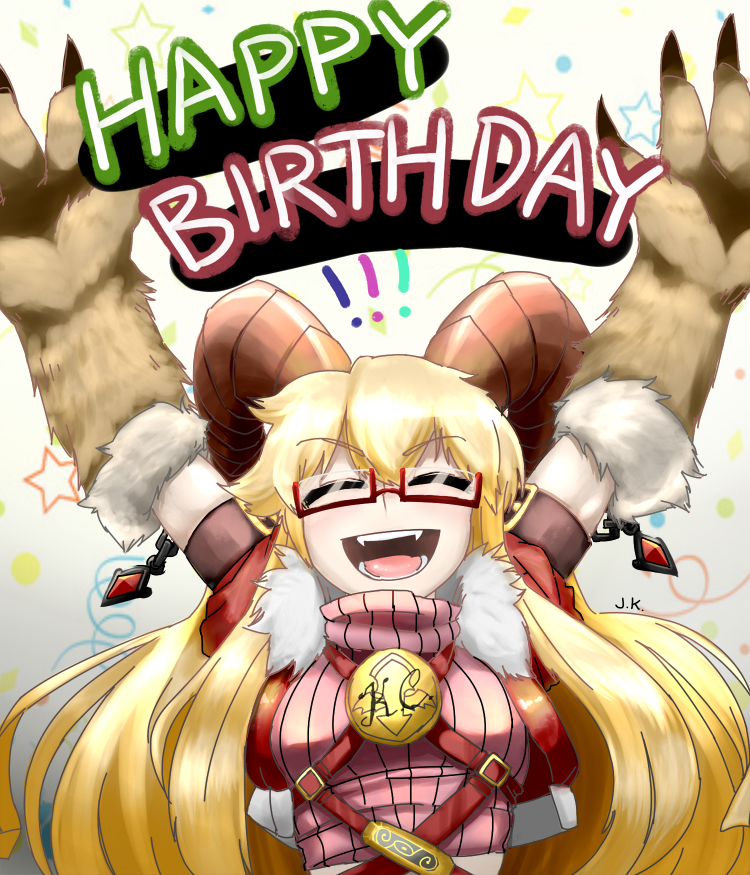 1girl, arms_up, baphomet_(monster_girl_encyclopedia), blonde_hair, claws, closed_eyes, demon_girl, demon_horns