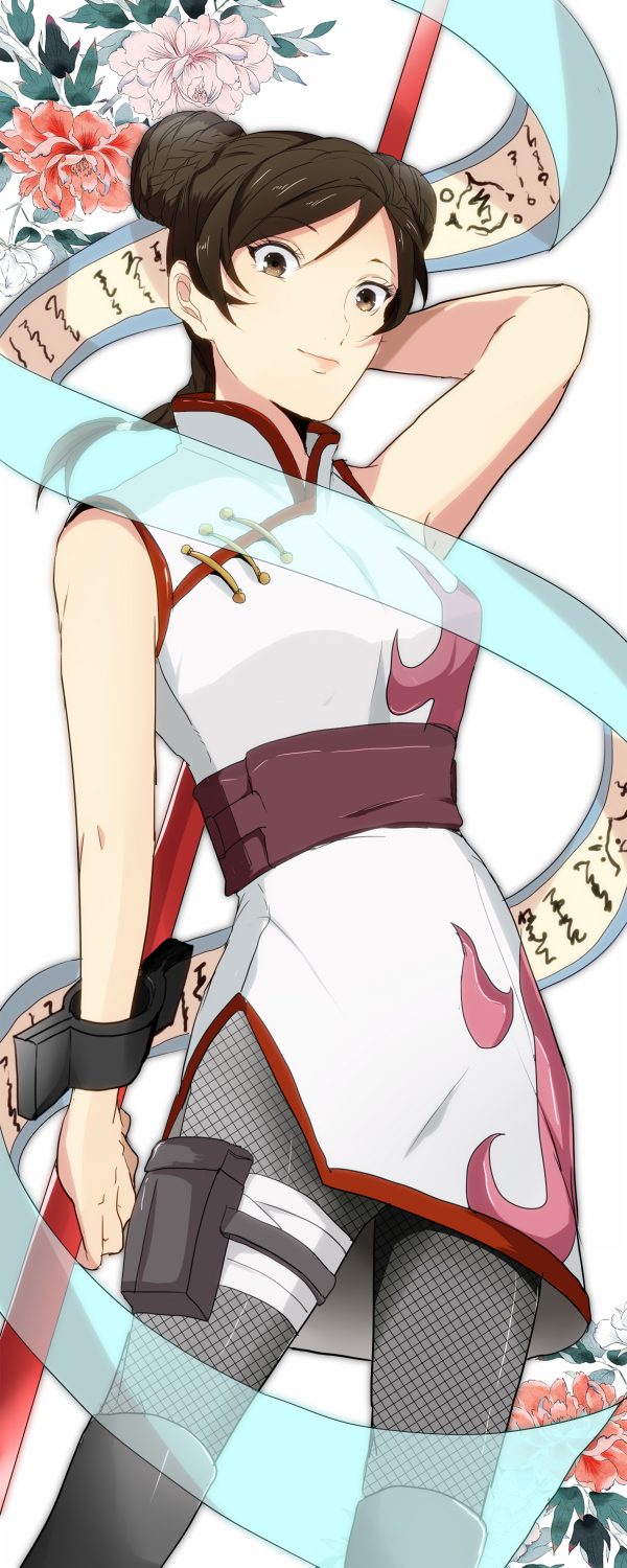 1girl, black_hair, brown_eyes, double_bun, highres, long_hair, naruto, rina_(13135785), scroll, staff, tenten