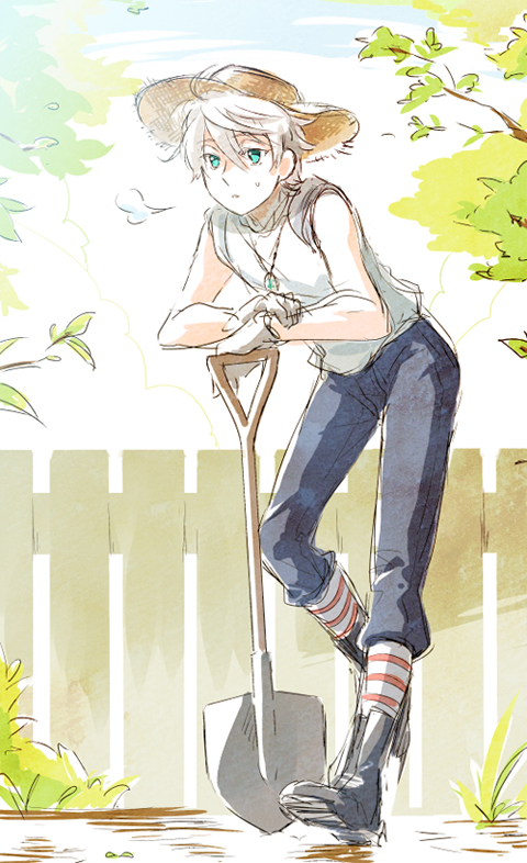 1boy, aldnoah.zero, aqua_eyes, blue_eyes, casual, fence, grey_hair, hat