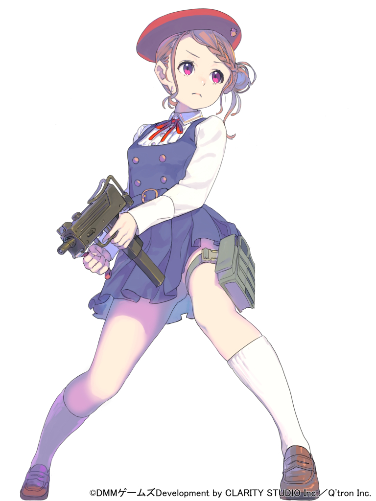 1girl, beret, braid, brown_hair, gun, hat, holster, kneehighs, loafers, machine_pistol, nagisa_kurousagi, shoes, shooting_girl, simple_background, solo, thigh_holster, violet_eyes, weapon, white_background, white_legwear
