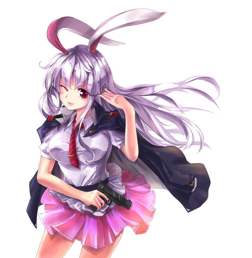 1girl, animal_ears, goingtobemad, gun, handgun, highres, jacket_on_shoulders, long_hair
