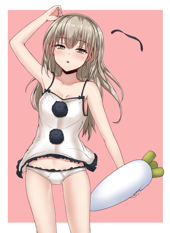 1girl, adapted_costume, alternate_costume, alternate_hairstyle, blush, border, bow, grey_eyes