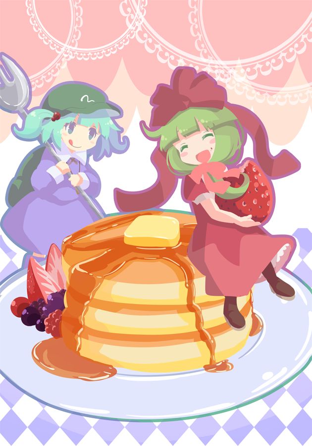 2girls, backpack, bag, blue_eyes, blue_hair, bow, closed_eyes, dress, food, fork, frills, front_ponytail, fruit, green_hair, hair_bobbles, hair_bow, hair_ornament, hair_ribbon, hat, kagiyama_hina, kanno_fumiroku, kawashiro_nitori, long_hair, minigirl, multiple_girls, open_mouth, pancake, ribbon, short_hair, smile, strawberry, tongue, tongue_out, touhou, twintails