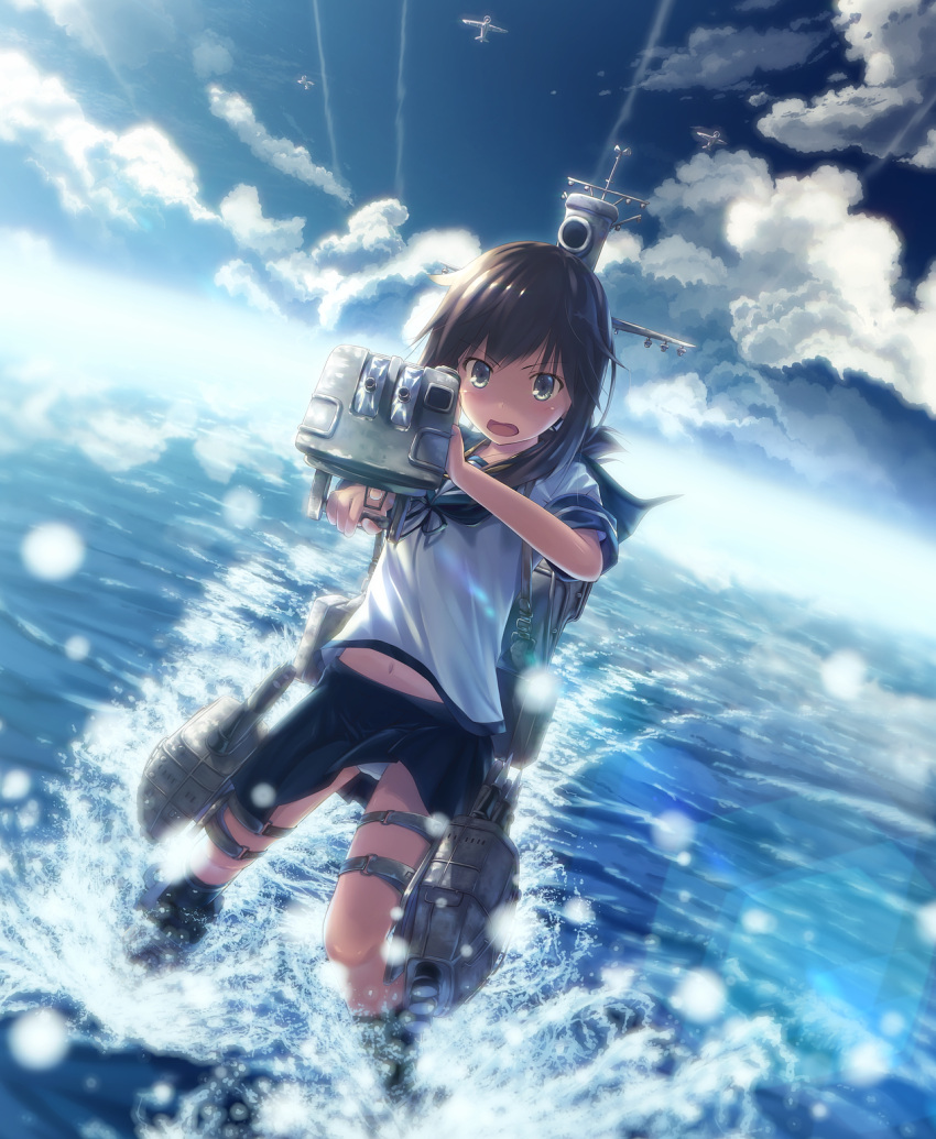 1girl, aiming_at_viewer, airplane, black_hair, blue_eyes, blue_skirt, blue_sky, condensation_trail