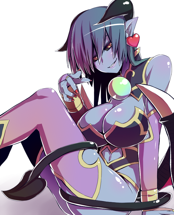 1girl, arm_support, astaroth_(shinrabanshou), black_sclera, blue_hair, blue_skin, bridal_gauntlets, demon_girl