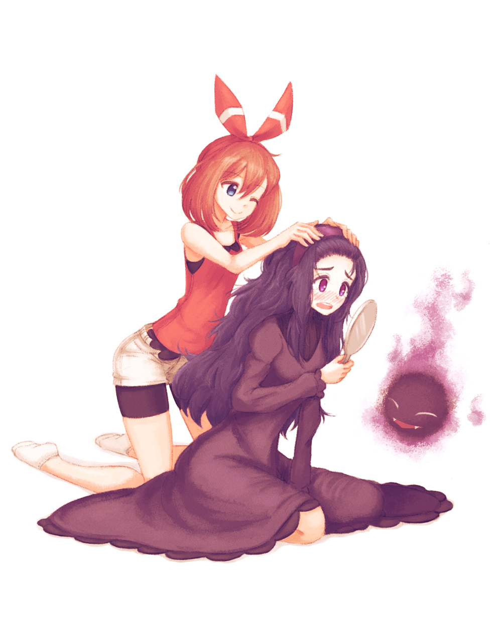 2girls, bike_shorts_under_shorts, black_hair, blue_eyes, blush, brown_hair, gastly, hair_ribbon, hairband, hand_mirror, haruka_(pokemon), hex_maniac_(pokemon), highres, long_hair, makaroll, mirror, multiple_girls, one_eye_closed, pokemon, pokemon_(creature), pokemon_(game), pokemon_oras, ribbon, shorts, violet_eyes