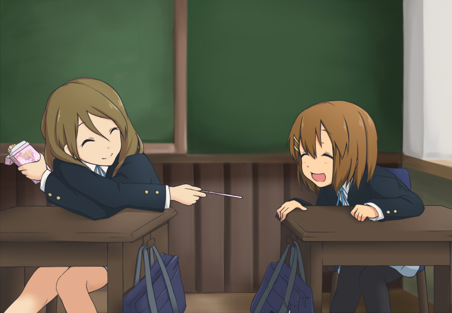 2girls, bag, brown_eyes, brown_hair, closed_eyes, extra, hidarikata, hirasawa_yui