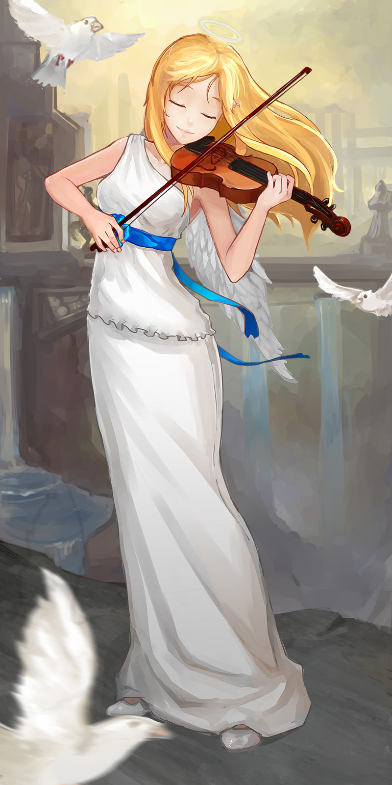 1girl, angel, angel_wings, bass386, bird, blonde_hair, bow_(instrument), bridge, closed_eyes, dove, flats, halo, highres, instrument, long_hair, original, ribbon, skirt, smile, solo, violin, water, waterfall, wings