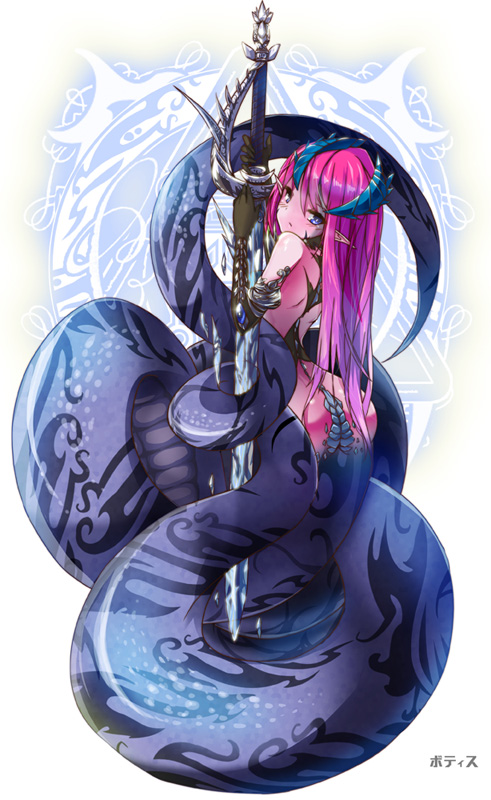 1girl, ass, black_gloves, blue_eyes, elbow_gloves, gloves, horns, huge_weapon