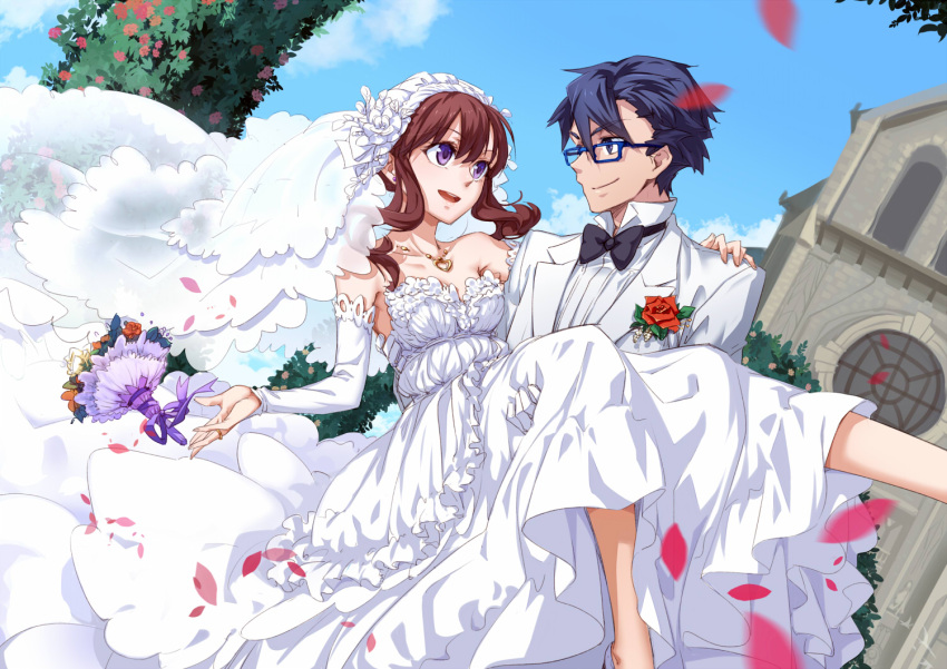 1boy, 1girl, bare_shoulders, black_eyes, blue_hair, bouquet, bowtie, bridal_gauntlets
