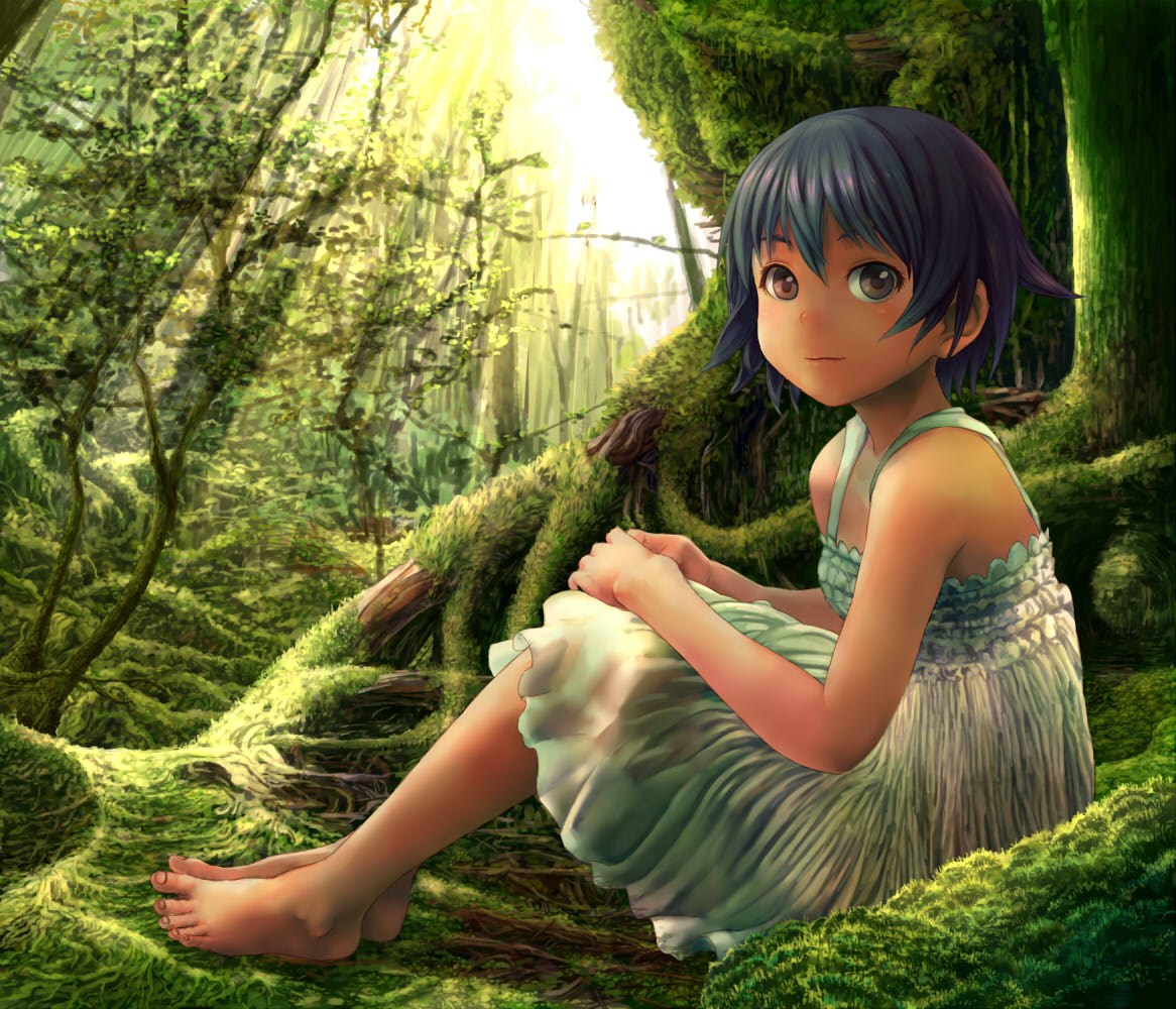 1girl, barefoot, blue_hair, brown_eyes, dress, feet, fukoujiman, grass, moss, nature, original, short_hair, sitting, sleeveless, smile, solo, toes, tree